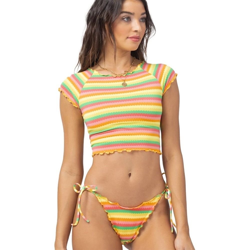 L*Space Wildflower Rashguard Top & Roger Bitsy Bikini Bottom Medium Yellow/Pink